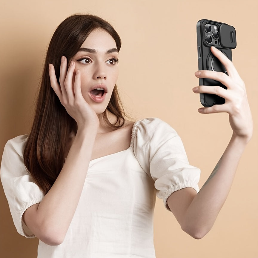 iPhone Case with Sliding Camera Cover Full Protection Shockproof Matte TPU Ring Holder Magnetic Car Bracket