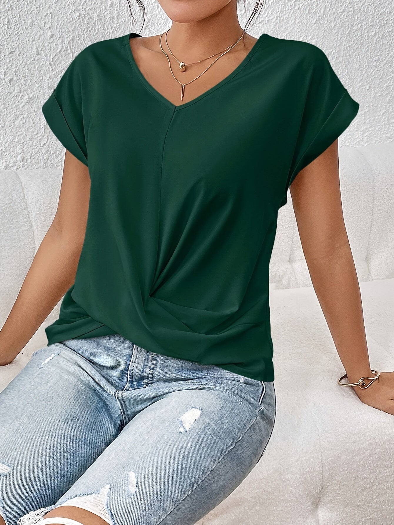 Camiseta de manga corta para mujer de poliéster de color sólido para verano casual con micro elasticidad