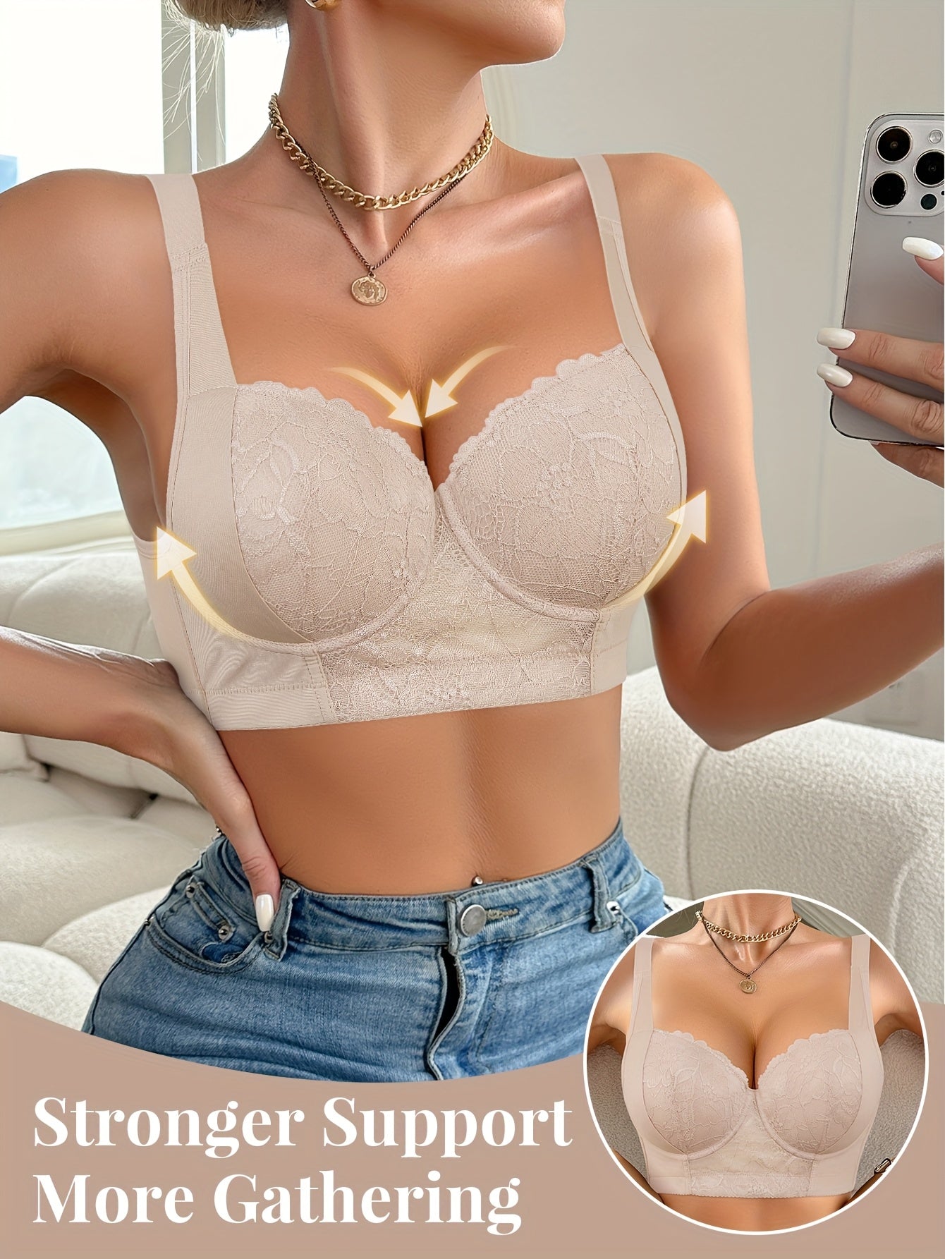 Lingerie Lace Push-Up Bra with Support and Non-Removable Pads White Floral