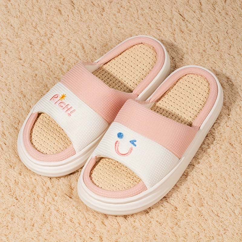 Women Linen Slippers Soft Non-Slip Indoor Shoes Light Blue White Love