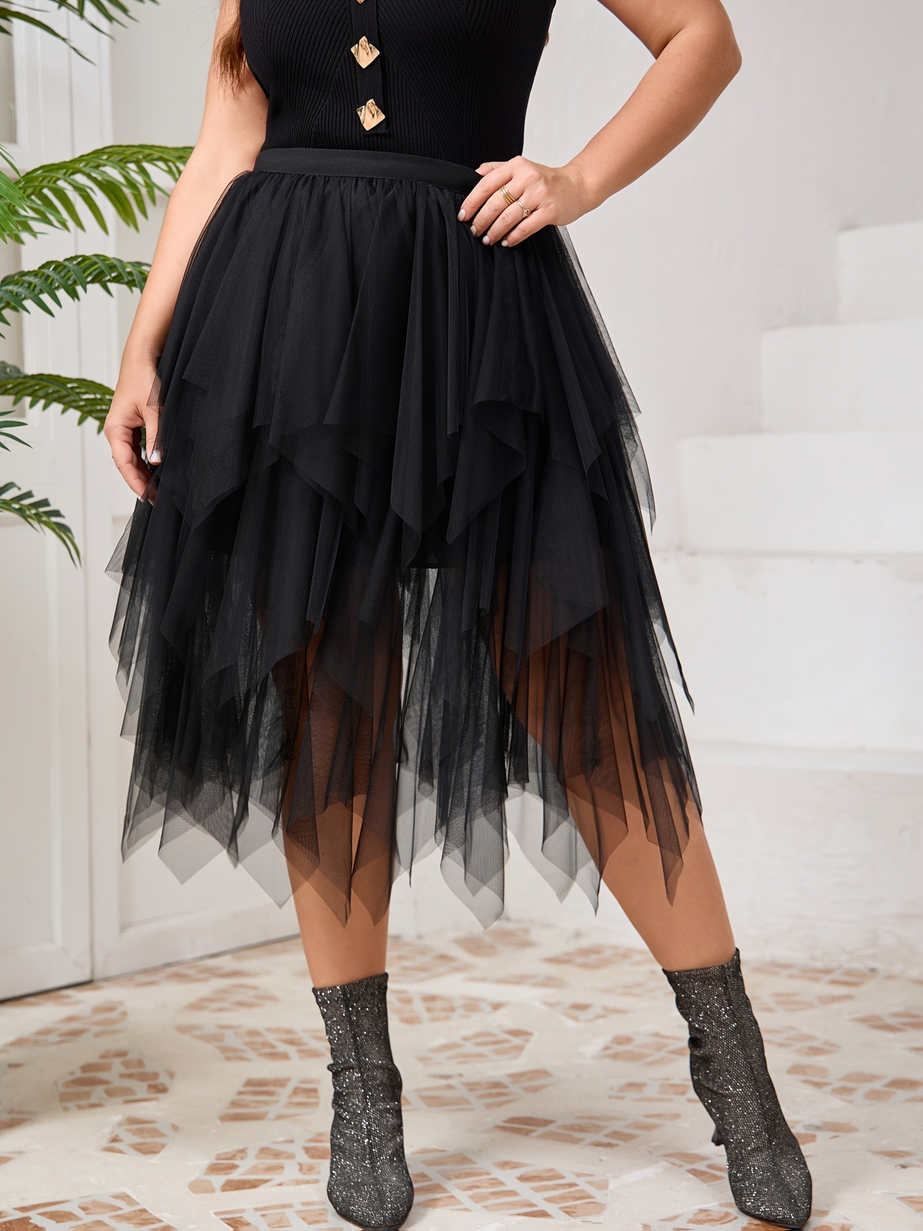 Plus-Size Women's Black Mesh Irregular Skirt for Spring Summer Autumn Winter