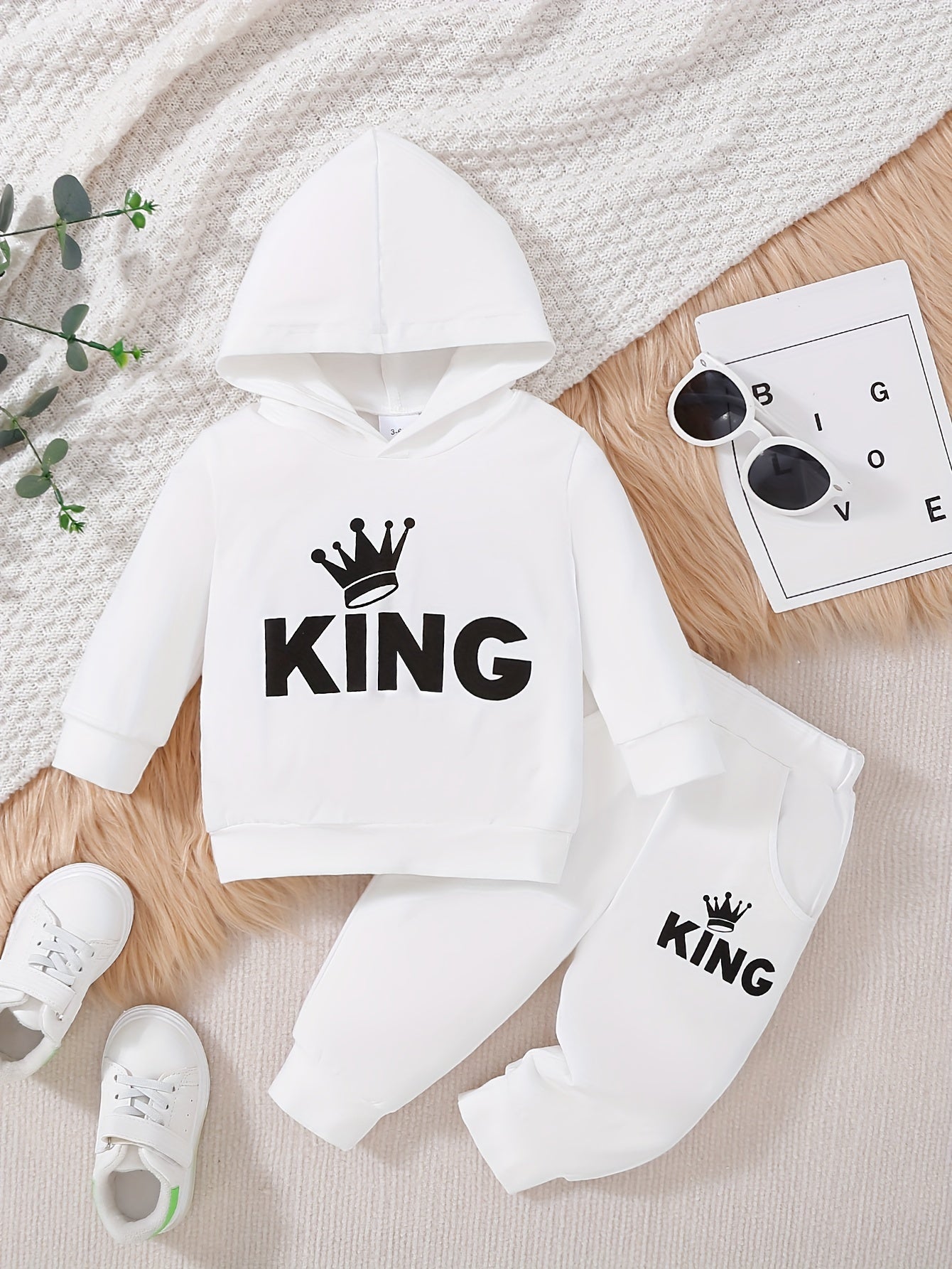 Baby Boy's Casual Outfit Set Cotton Hooded Sweatshirt and Pants with KING Print