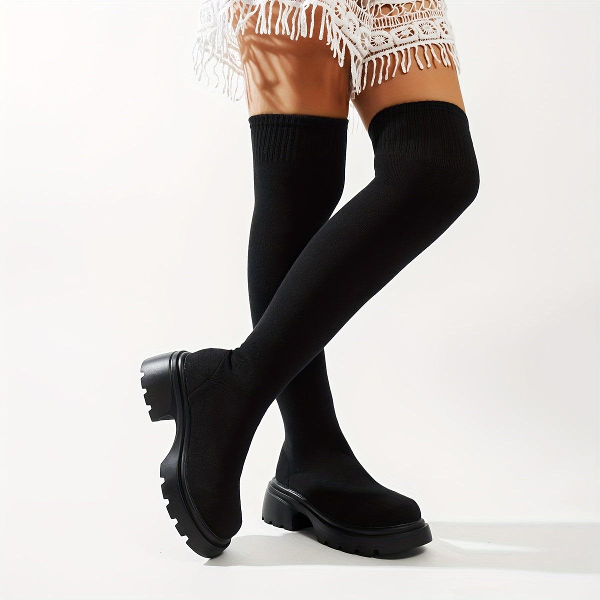 Women Gothic Boots Slip-On Platform Knee-High Chunky Heels for Concerts