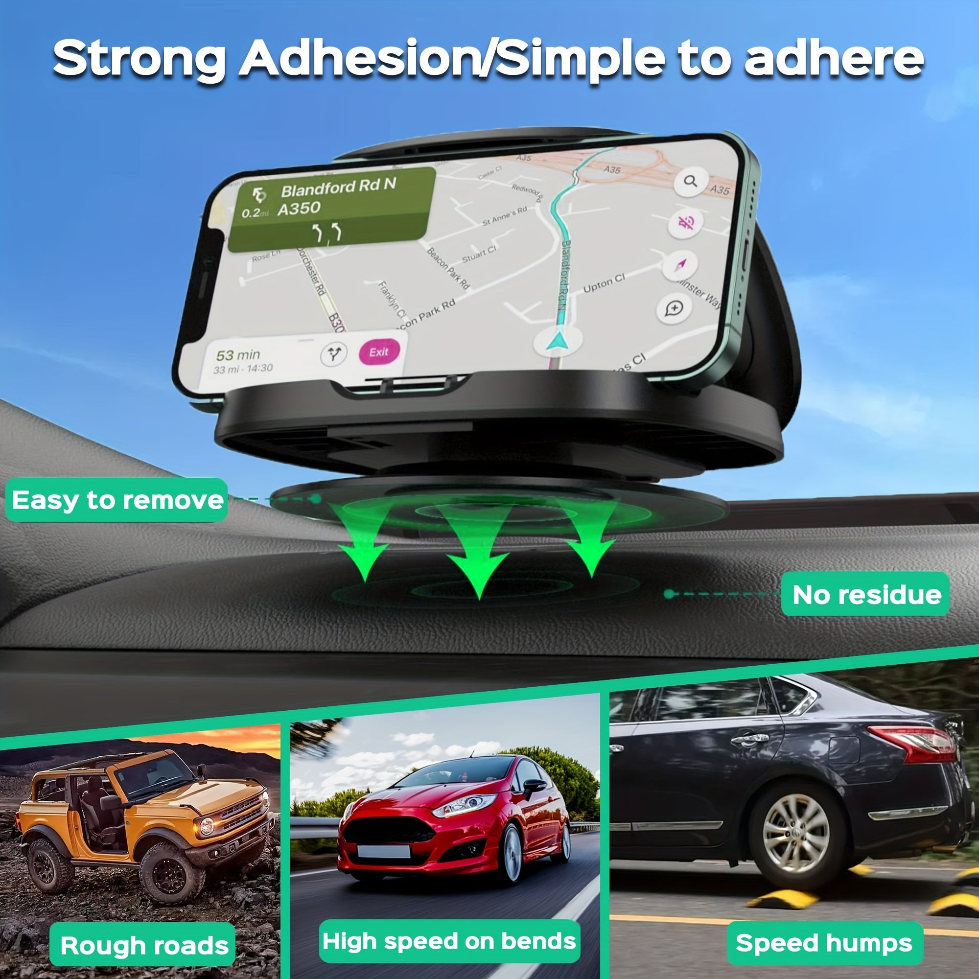 Universal Car Phone Mount Rotating 360°, Adjustable Holder for iPhone and Android