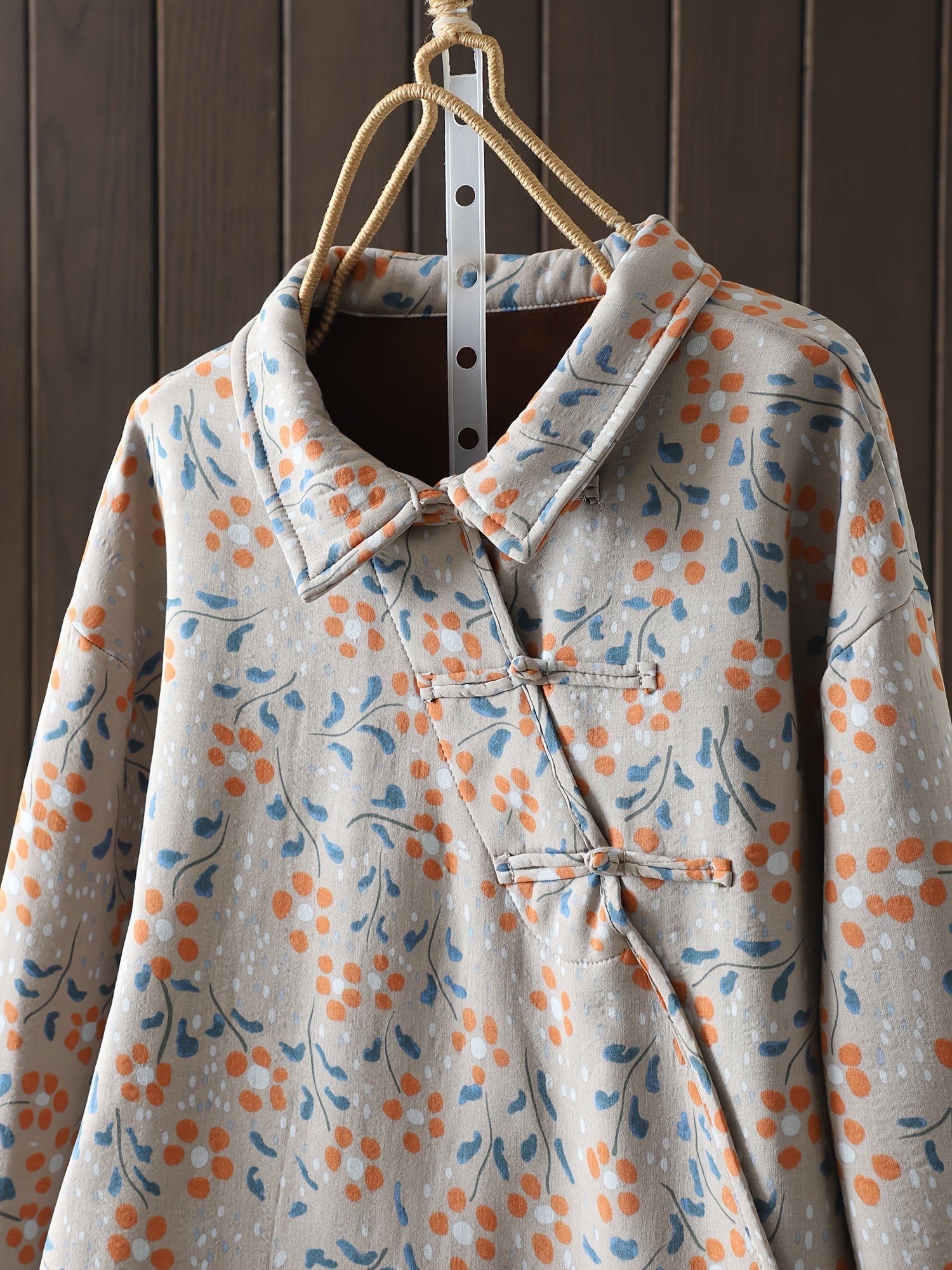 Plus Size Floral Print Woven Shirt with Stand-Up Collar and Chinese-Style Placket for Fall and Winter