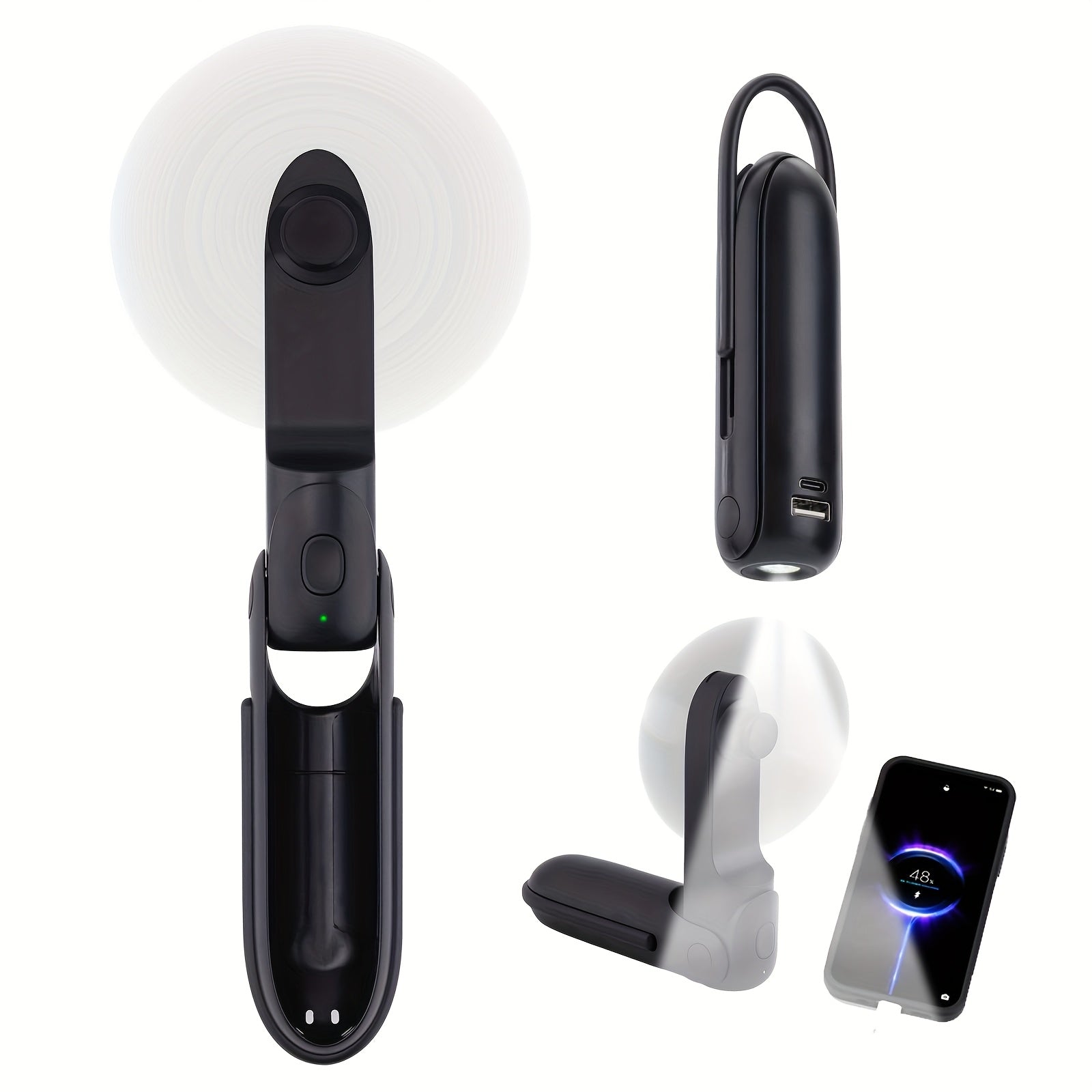 Portable Handheld Fan with 1200mAh Battery, Flashlight, Hook, 3-Speed Adjustable for Travel Outdoor Camping