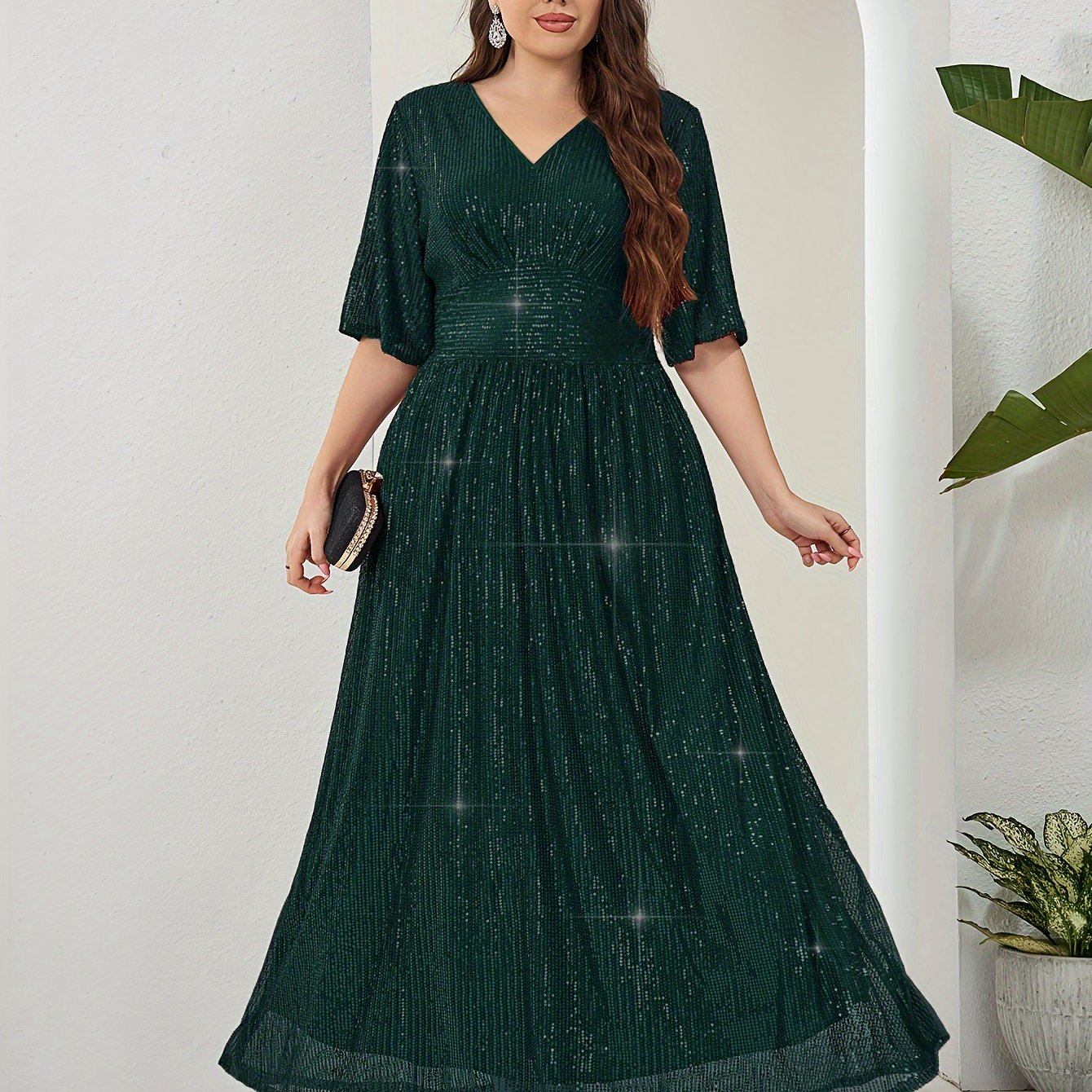 Plus Size Sequin V-Neck Maxi Dress with Half Sleeves and Zipper for All Seasons