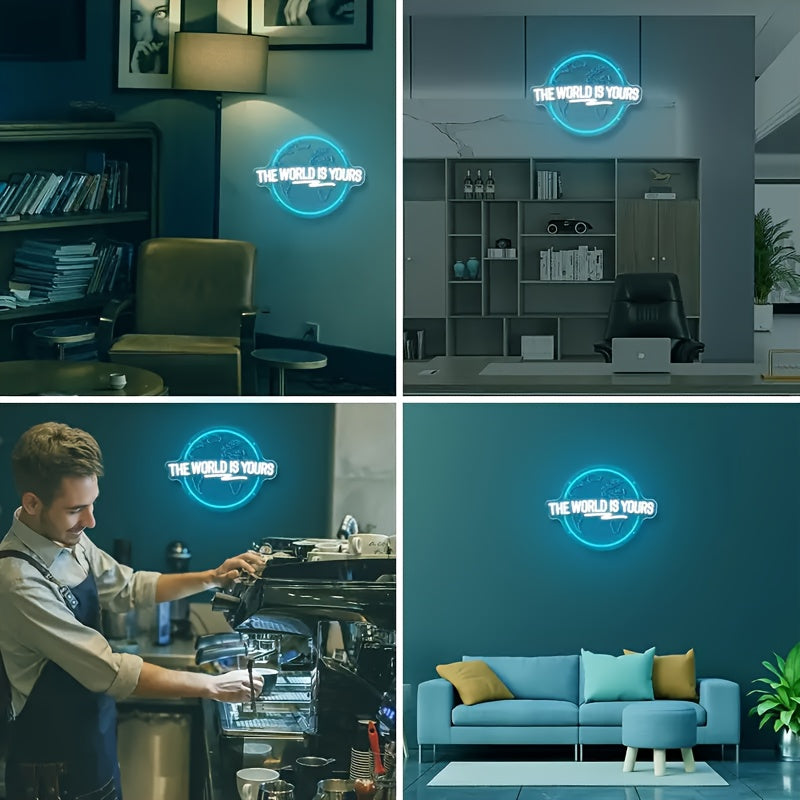 LED Neon Sign The World Is Yours Engraved Planet USB Dimmable Light