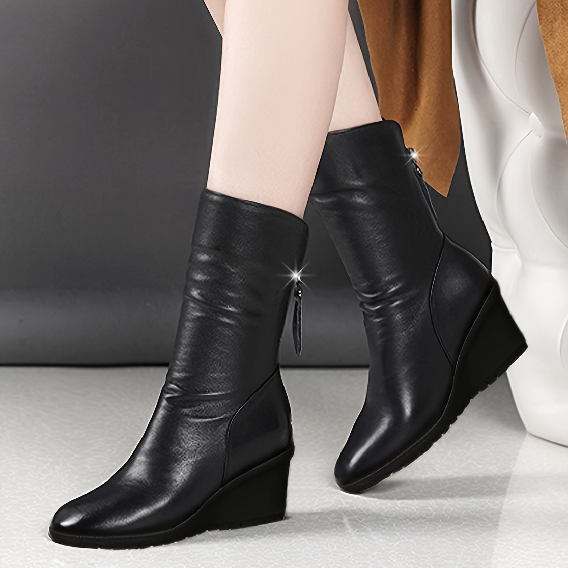 Women's Mid-Calf Leather Flat Wedge Heel Boots for Fall and Winter