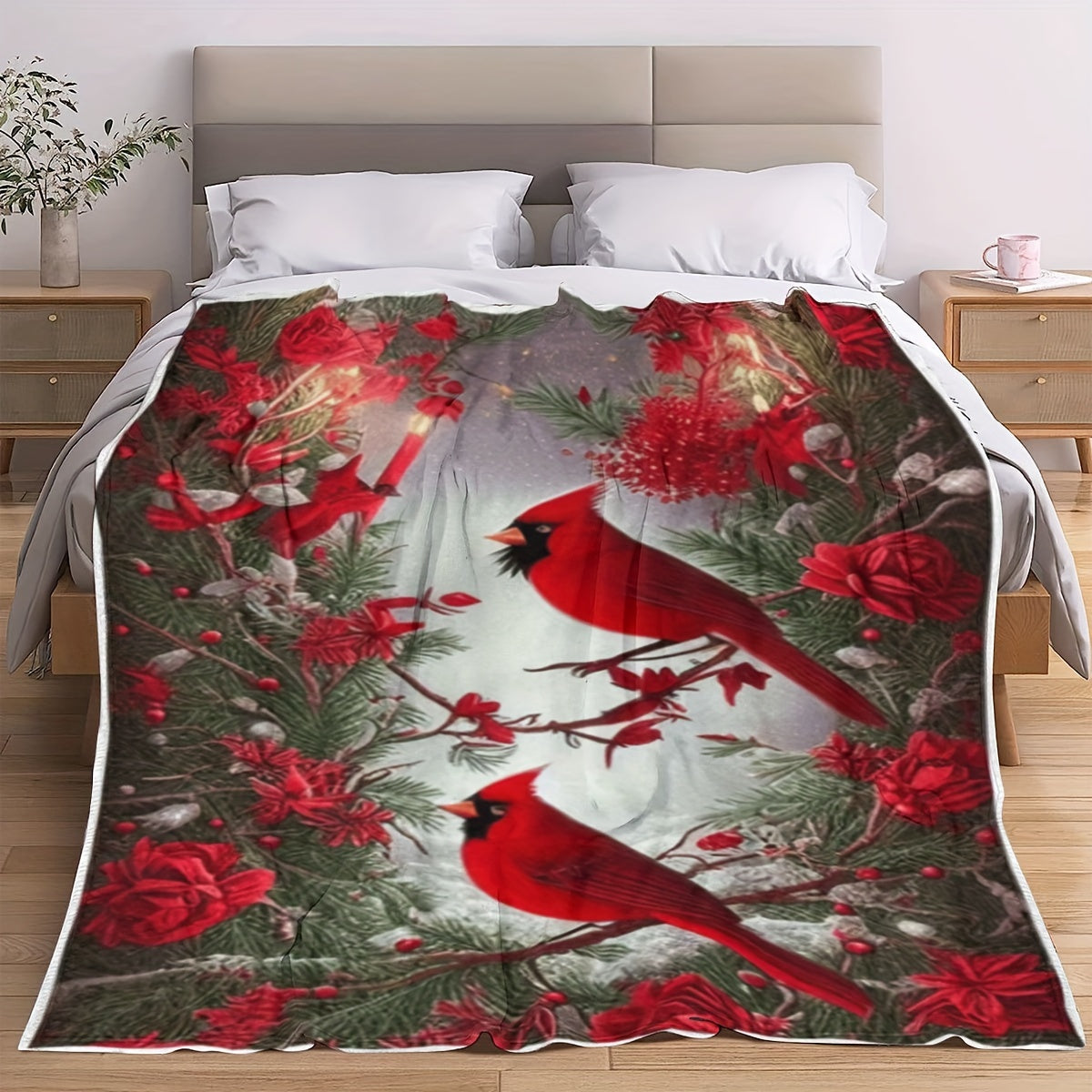 Colorful Cardinal Patterned Flannel Throw Blanket for All Seasons Woven Polyester