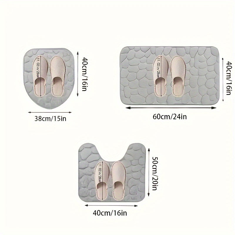 Set of 3 Coral Fleece Bath Rugs Non-Slip Pebble Design 20x60cm