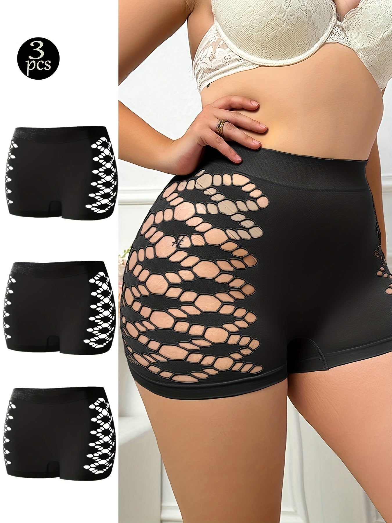 Plus Size Women's Sports Boyshorts Breathable Mesh Semi-Sheer Panties 3-Pack