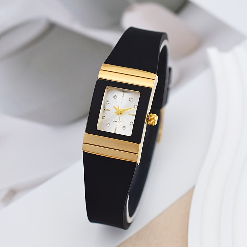 Women's Square Black and Gold Silicone Wristwatch Quartz Fashionable Casual