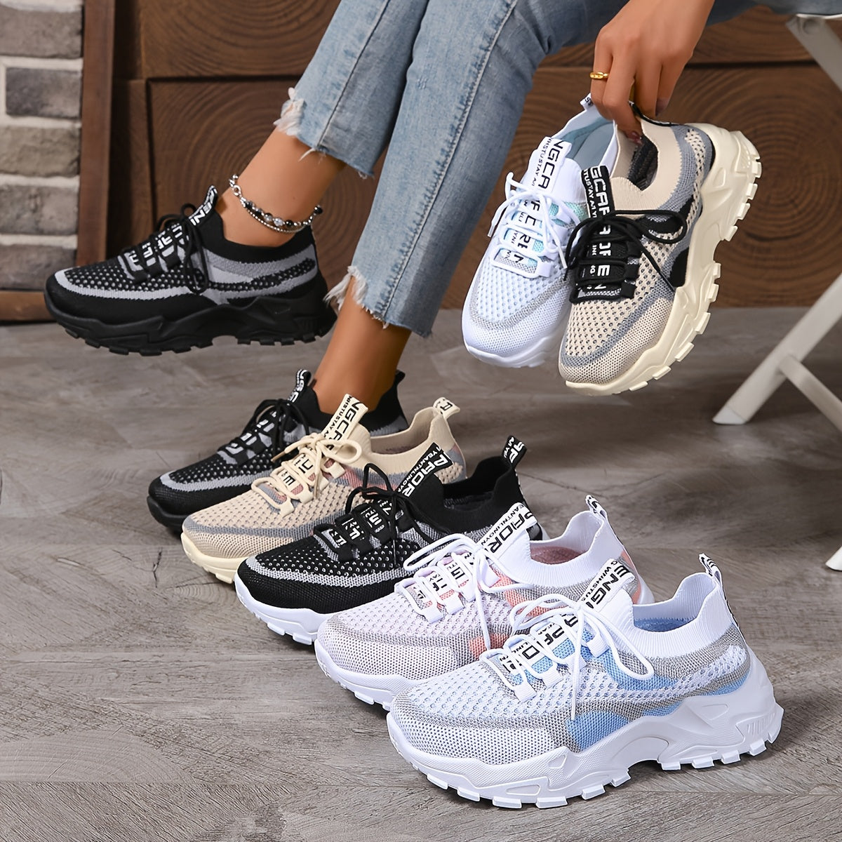 Women's Mesh Sneakers Breathable Casual Low-Top Lace-Up Black White Beige Grey Blue Pink