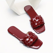 Women's Burgundy Flat Sandals with Floral Buckle Ankle Strap