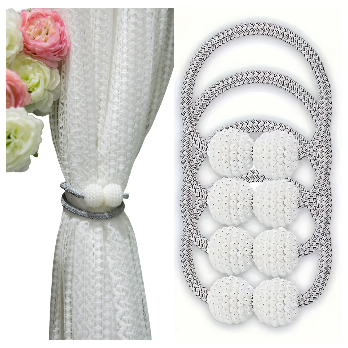 Yashash xonasi va yotoqxona uchun 4 ta kulrang polyester pardozlari bilan faux marjon detallari bilan to'plam