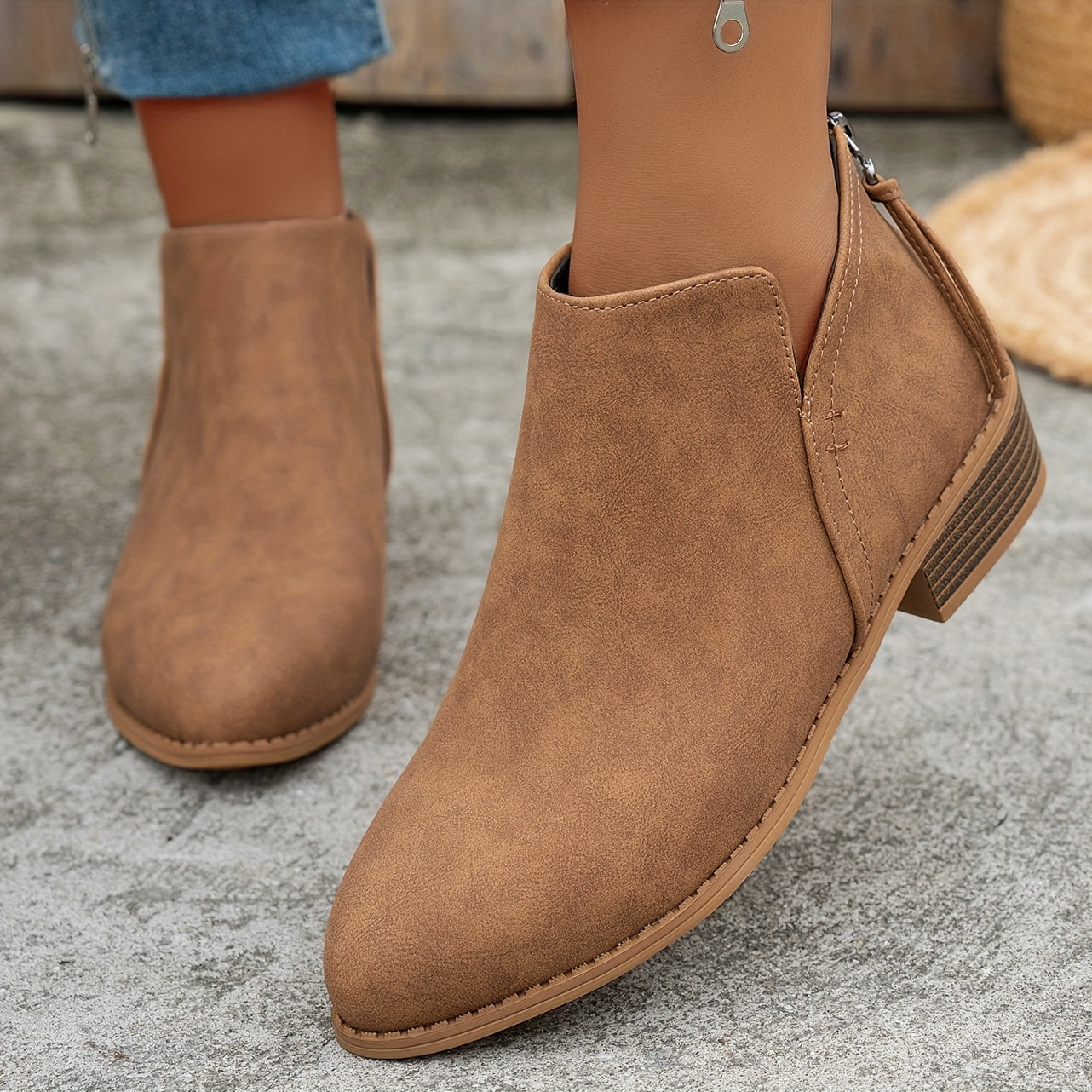 Women's White Ankle Boots Pointed Toe Chunky Heel Zipper Slip-On