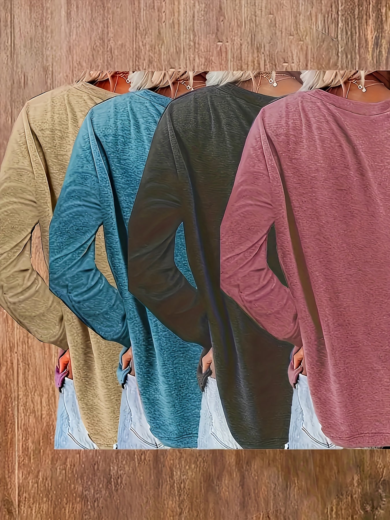 Women's Long Sleeve Cotton Casual Tops 4 Pack Solid Colors Olive Yellow Navy