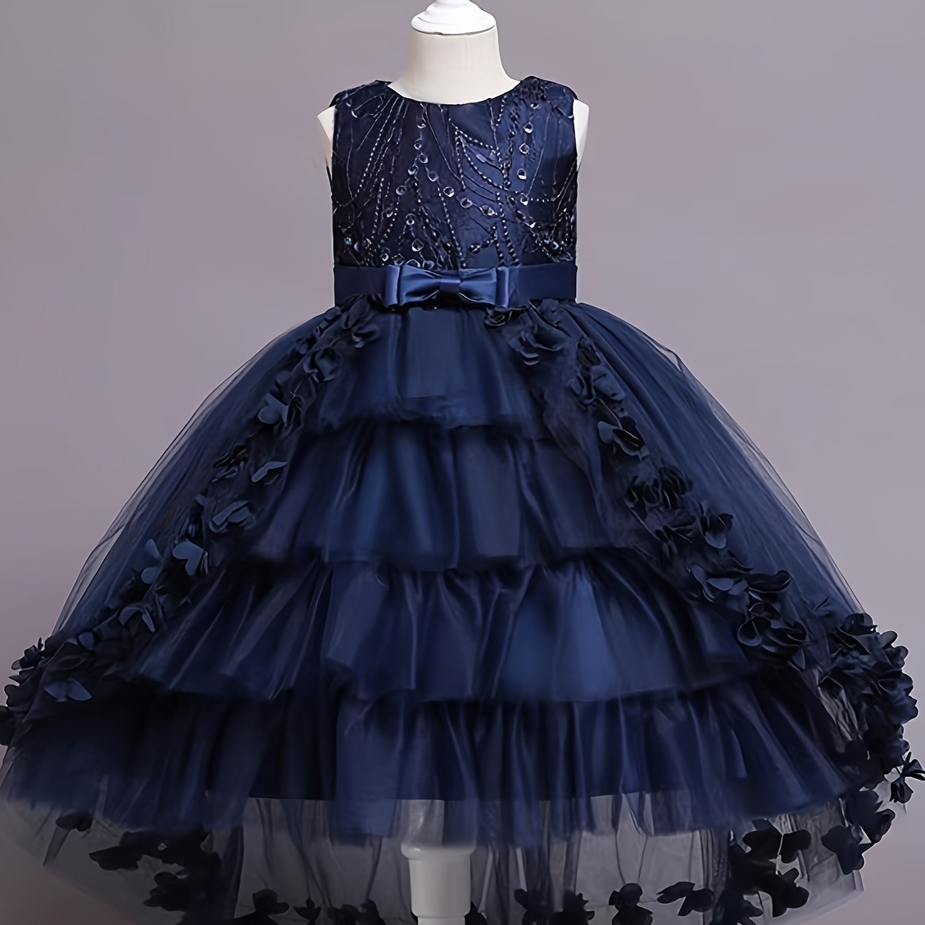 Girls Navy Blue Floral Princess Dress Sleeveless Midi Sequin Beaded Tulle for Special Occasions