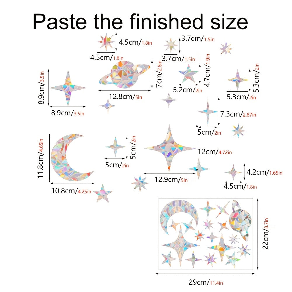 Rainbow Prism Static Cling Window Stickers Set with Glitter Star Moon Decals for Eid Decor