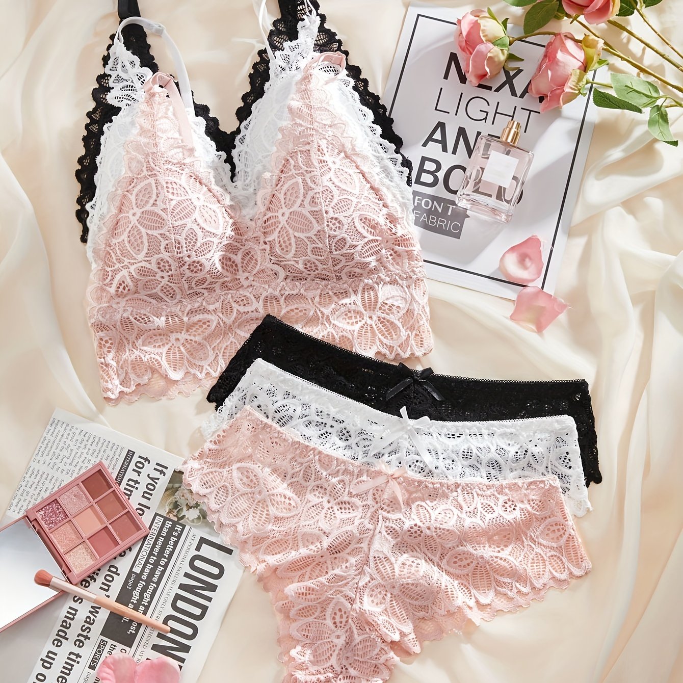 Women's Lace Lingerie Set with Bra and Panties Solid Color Non-Transparent 6-Piece