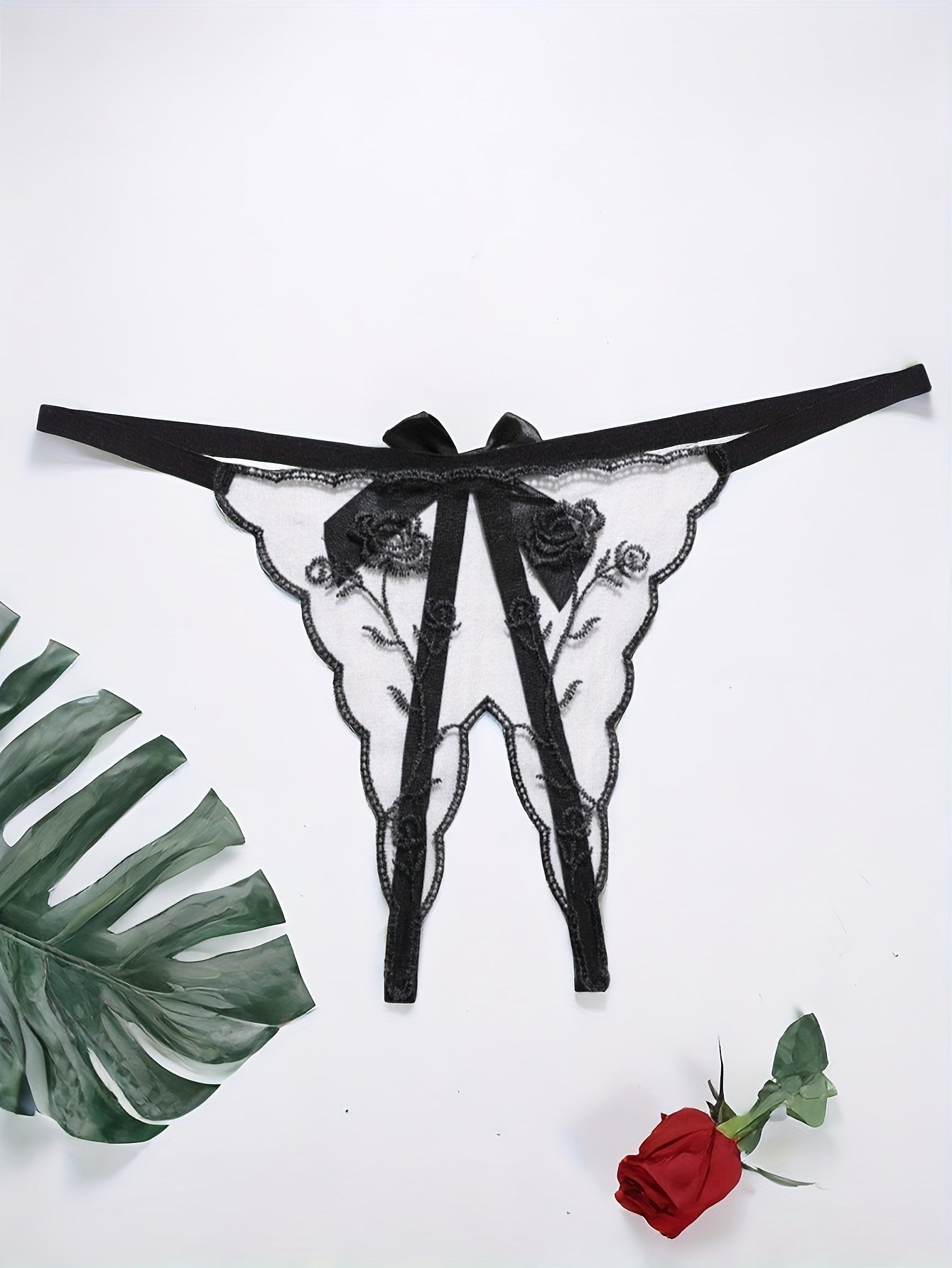 Women's Transparent Thong with Embroidered Red Rose Flowers and Low Waist Trousers