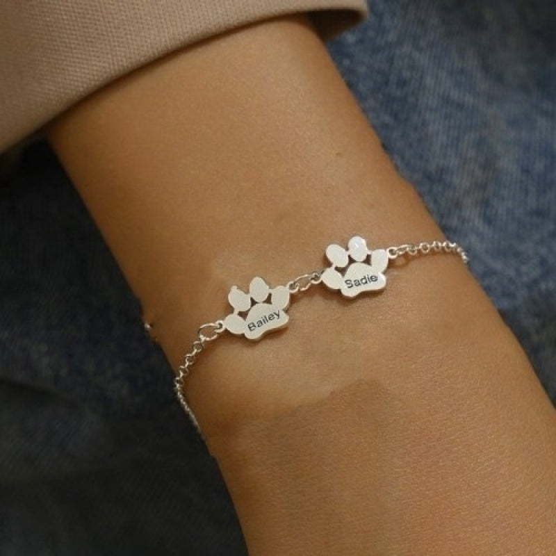 Personalized Stainless Steel Cat Paw Bracelet with Names Bohemian Pet Keepsake Gift