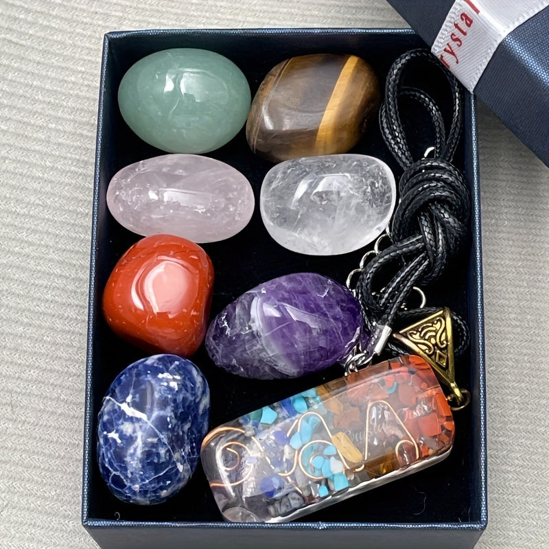 Set of 8 Natural Stone Pendants with Necklace Gift Box for Men and Women