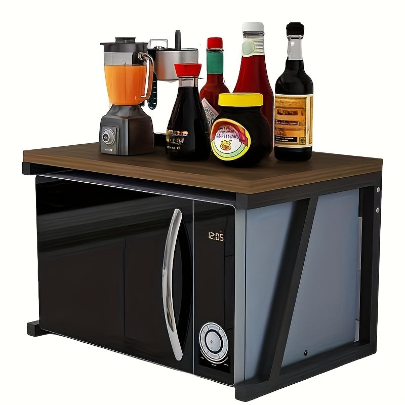 Qozonli mikroto'lqinli pech uchun qora va yog'och aksentli oshxona saqlash racki, texnikalar, ziravorlar va idishlarni tartibga solish uchun.