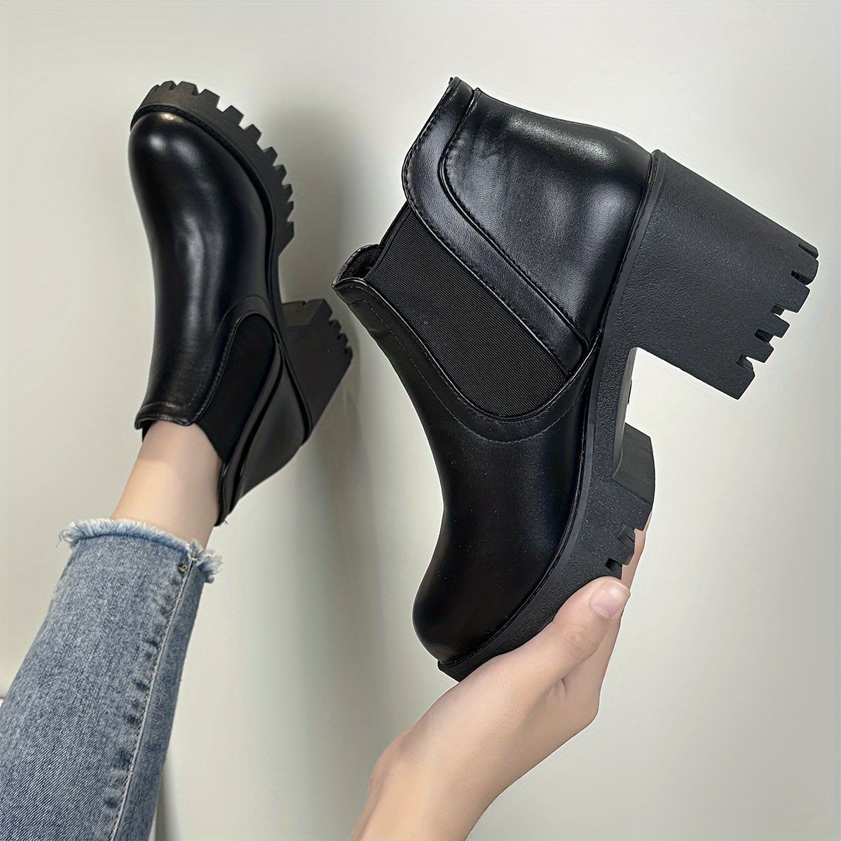 Women's Faux Cover Ankle Boots with Chunky Heel, Rubber Sole, Black