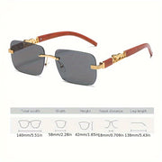 Unisex Rimless Rectangle Glasses with Wood Grain Temples for Beach and Travel