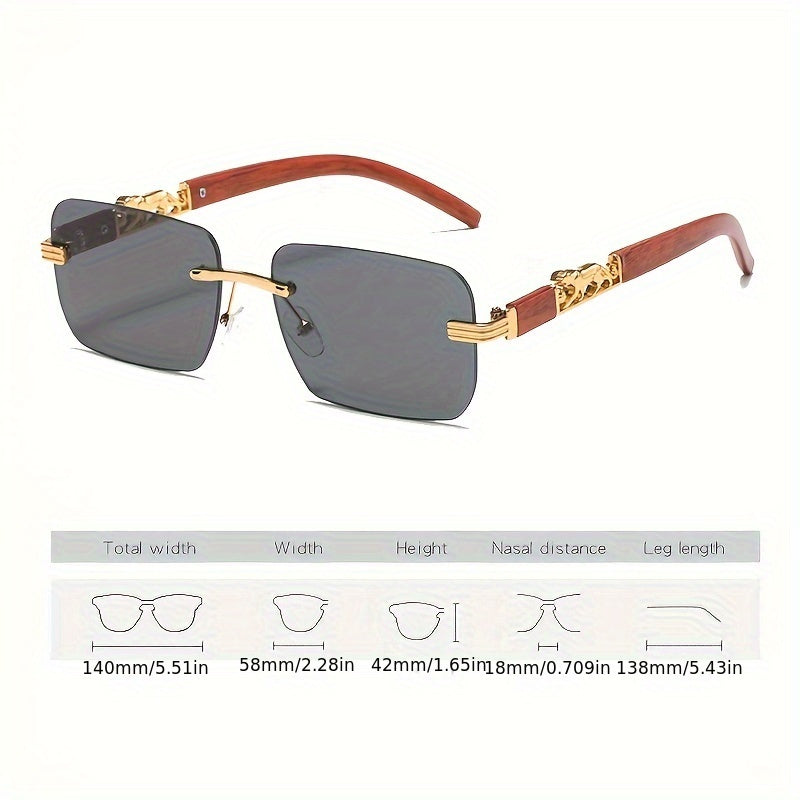 Unisex Rimless Rectangle Glasses with Wood Grain Temples for Beach and Travel