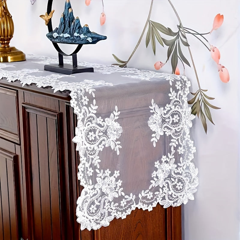 White Lace Table Runner with Floral Embroidery, Elegant, Multiple Sizes