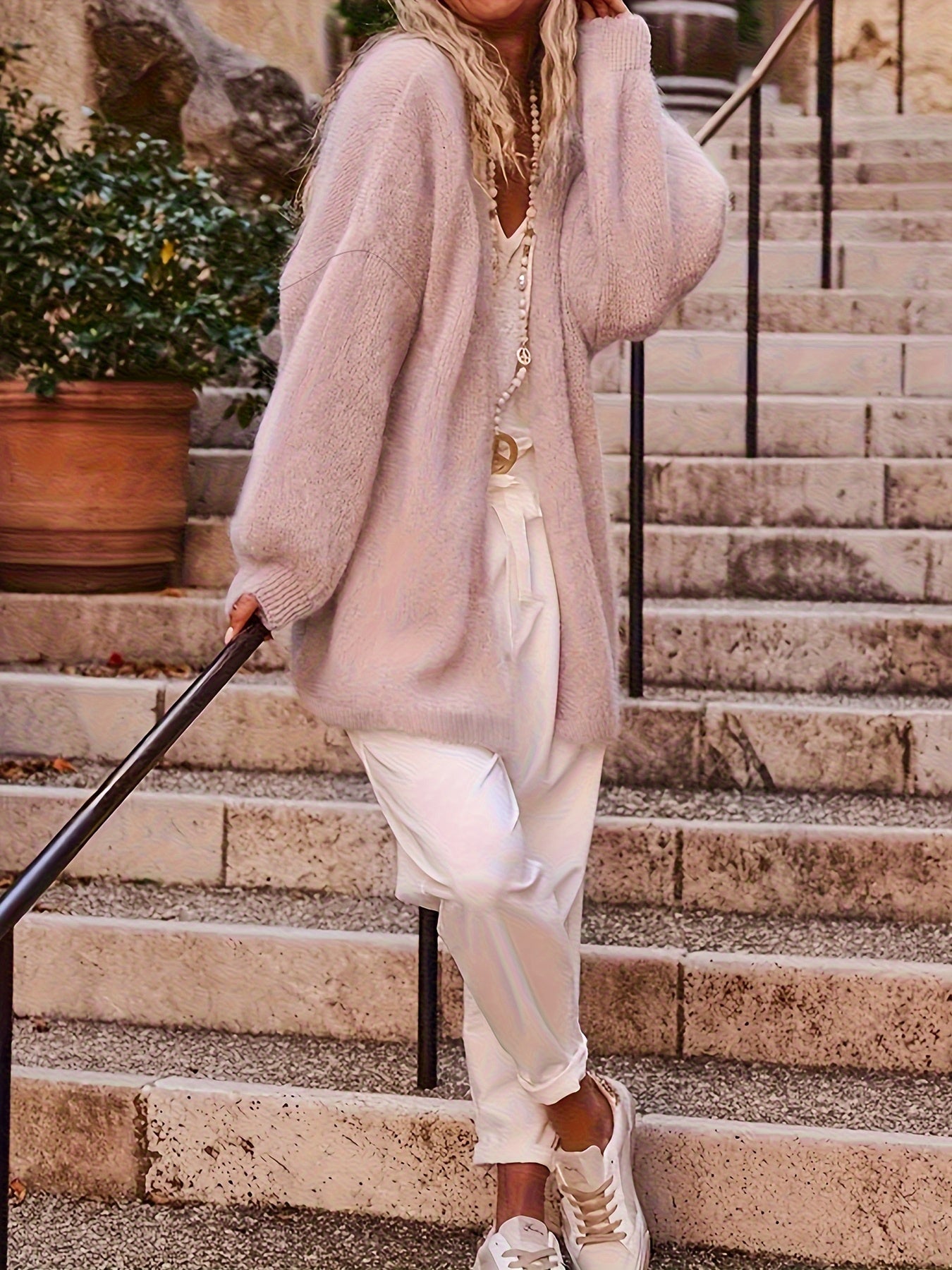 Кардиган для женщин больших размеров светло-голубой с открытой передней частью, длинные рукава, повседневный стиль, шик