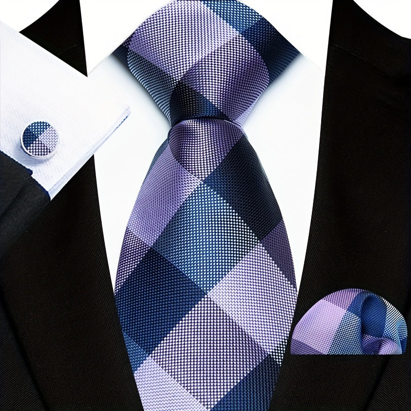 Men's Plaid Paisley Flower Tie Set with Cufflinks and Handkerchief Pack of 3