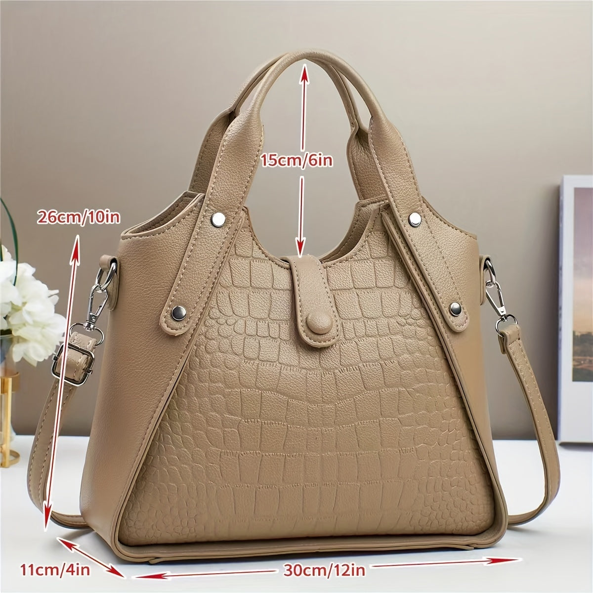 Women's Faux Leather Crocodile Pattern Shoulder Bag Casual Zipper Closure Adjustable Strap