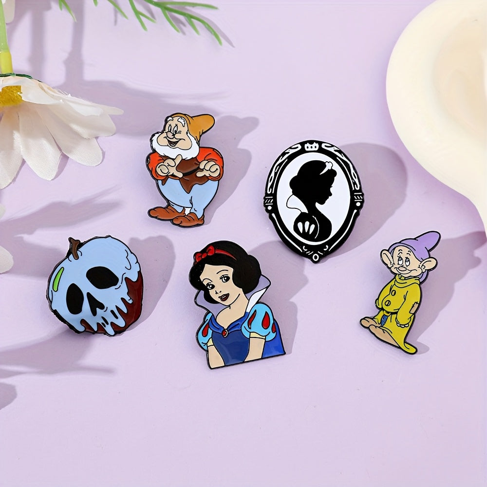 Set of 5 Enamel Pins Snow White and Dwarfs Brooches Alloy Metal for Clothing and Backpacks