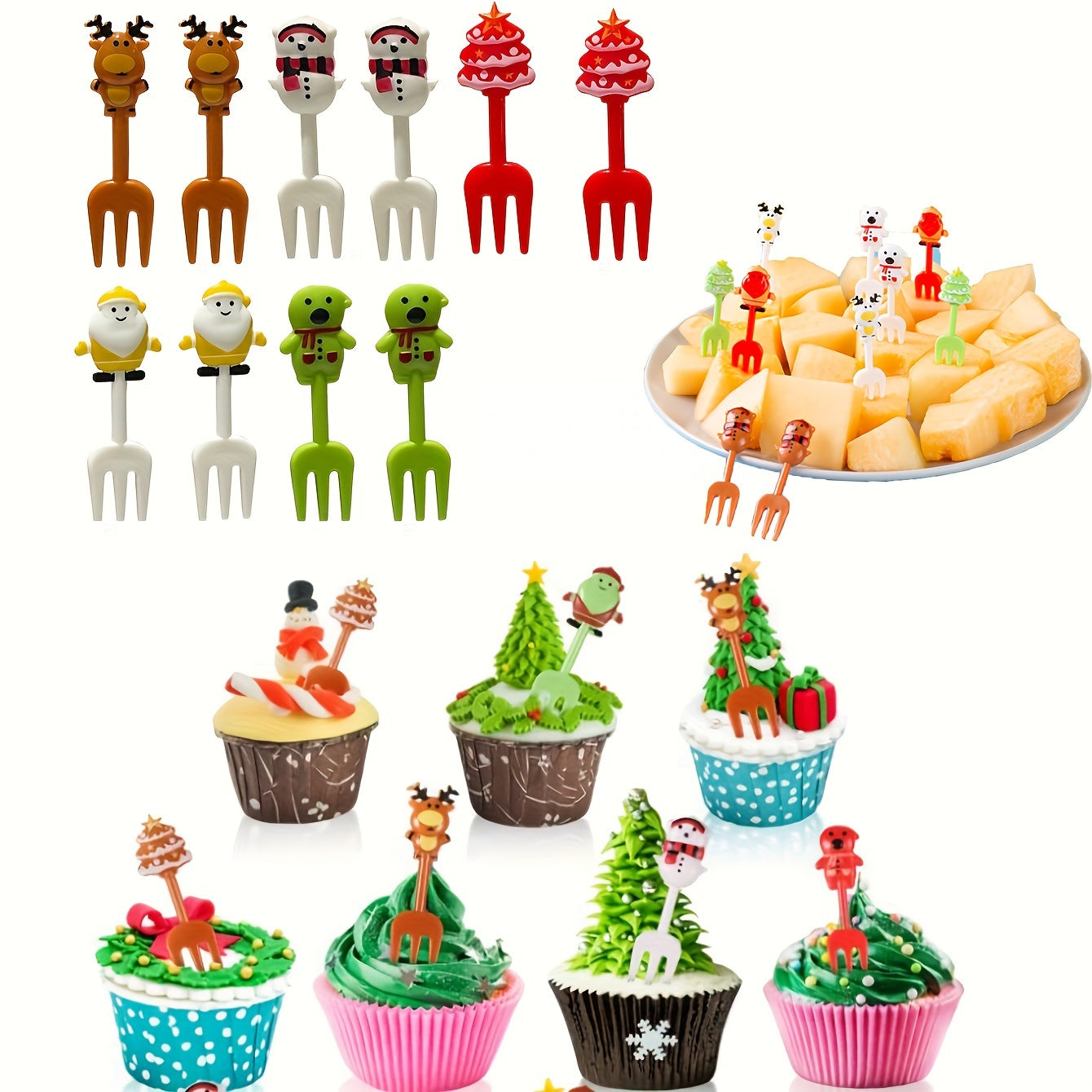10-Piece Christmas Cartoon Fruit Fork Set for Kids with Animal Designs for Bento Lunch and Holiday Parties