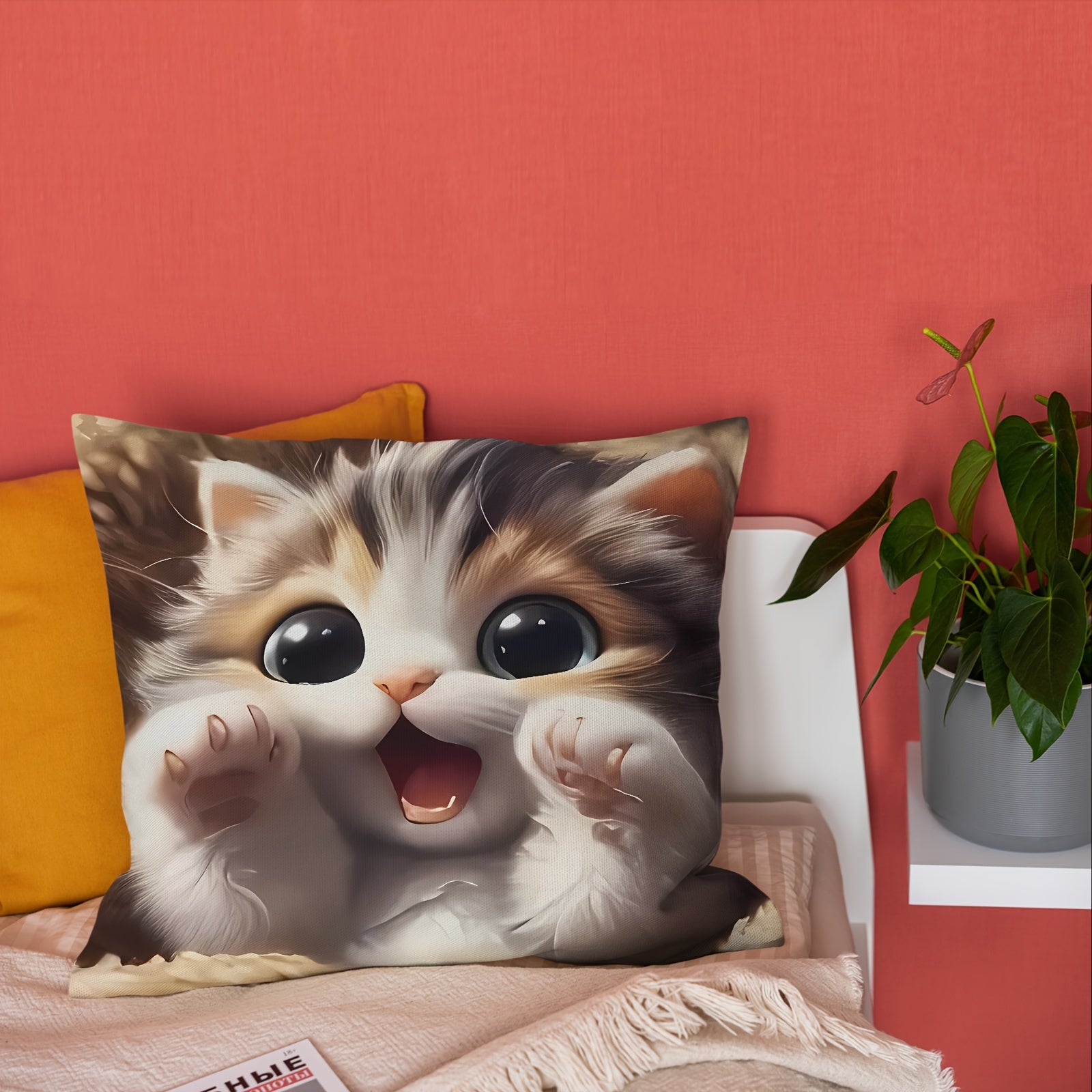 Big-Eyed Kitten Velvet Pillow Cover 45.72cm Decorative Machine Washable