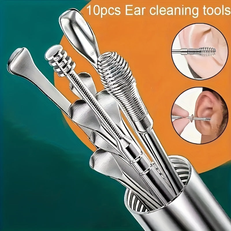 10-Piece Stainless Steel Earwax Cleaning Tool Set with Spiral and Ear Pick Spoons