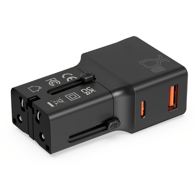 Adaptador de viaje internacional mini con PD de 25W y carga rápida QC 3.0 Tipo-C para EE. UU., UE y Reino Unido