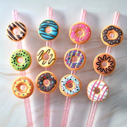 Set of 12 Plastic Donut-Shaped Straw Toppers for Parties and Gifting