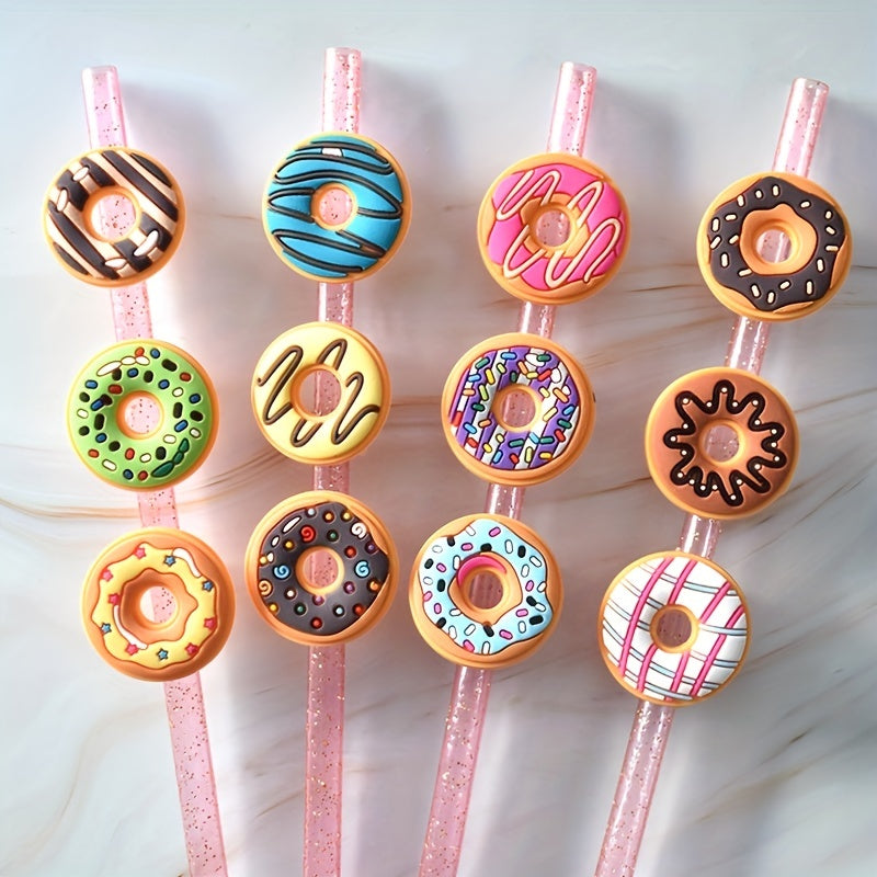 Set of 12 Plastic Donut-Shaped Straw Toppers for Parties and Gifting