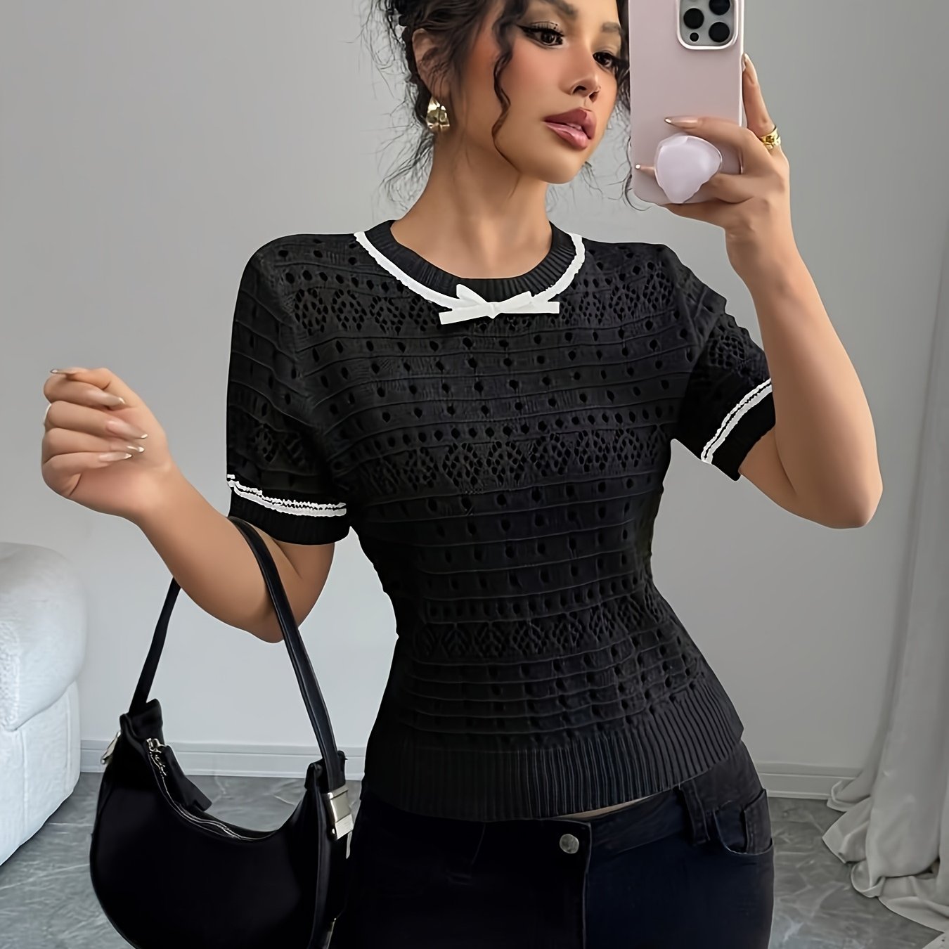 Women's Knit Summer Short Sleeve Top Round Neck Breathable Lace Pullover