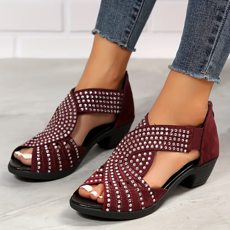 Women's Low Heel Rhinestone Cutout Chunky Sandals Plus Size Summer
