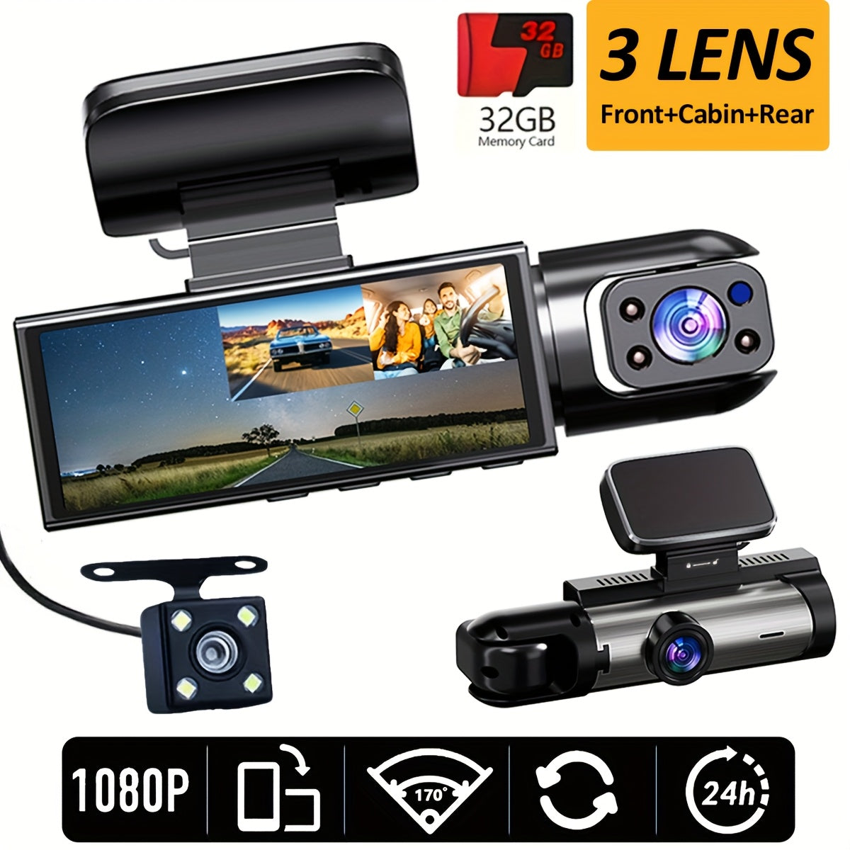 Cámara de tablero para coche Full HD 1080P de 3 canales con cámaras frontal, trasera e interior, pantalla LED, memoria de 32GB