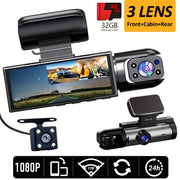 1080P Full HD 3-Channel Car Dash Cam with Front Rear Interior Cameras LED Display 32GB Memory