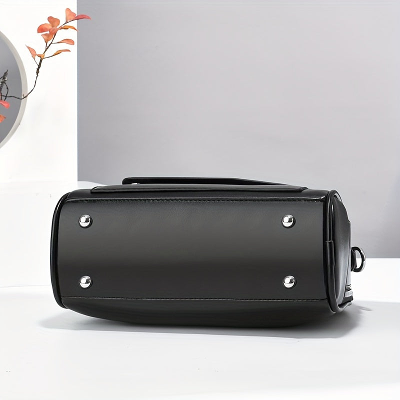 Women's Black PU Casual Shoulder Bag with Zipper Closure and Polyester Lining