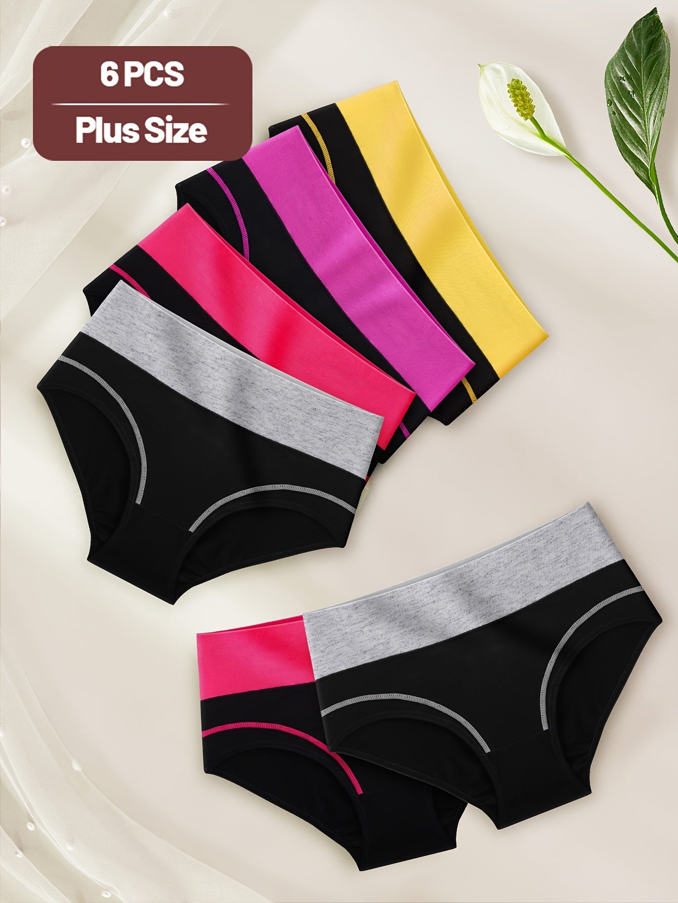 MIOTAN Elegant Katta O'lchamdagi Yuqori Belli Ichki Kiyimlar 6-Paket - Rangli Blok Dizayni, 95% Paxta, 5% Elastan, O'rtacha Cho'ziluvchan Trikotaj Matolari, To'liq Qoplash Quvvatli Moslashuv