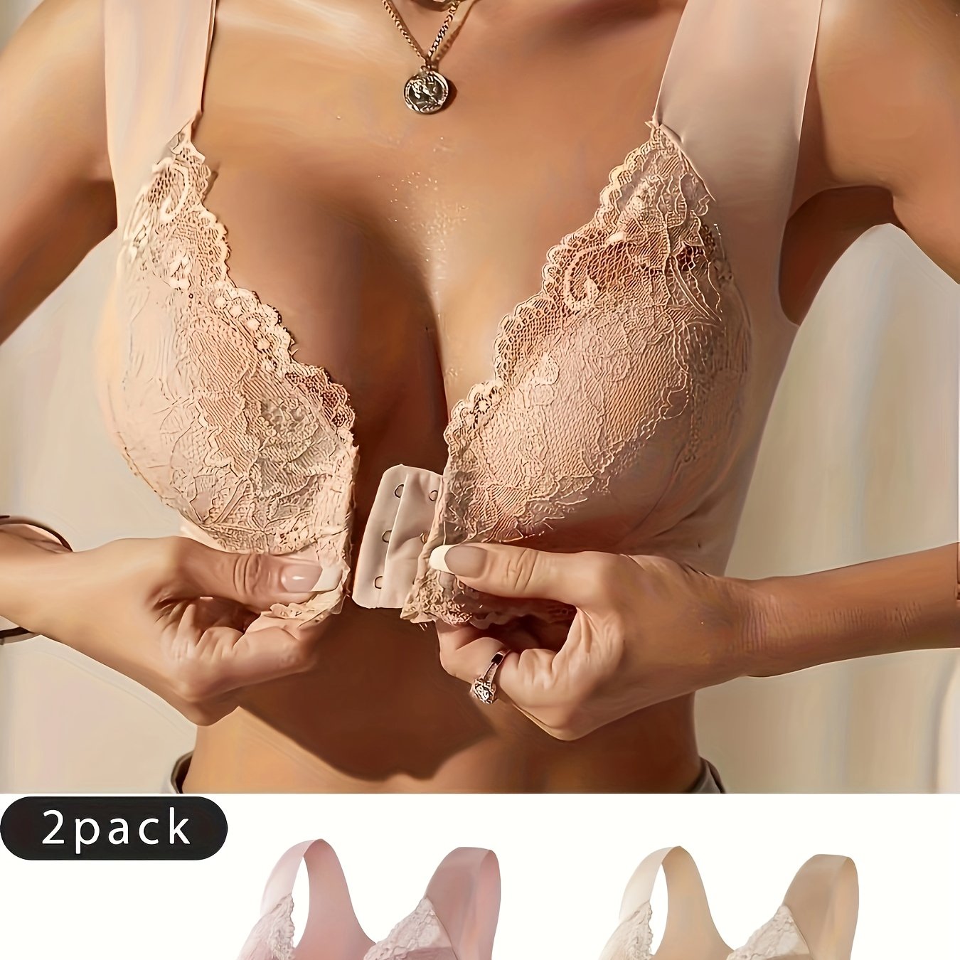Women's Floral Lace Wireless Push-Up Bra with Front Closure